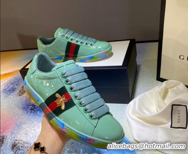 Refined Gucci Ace Patent Leather Sneakers with Luminous Print Sole 102448 Light Green