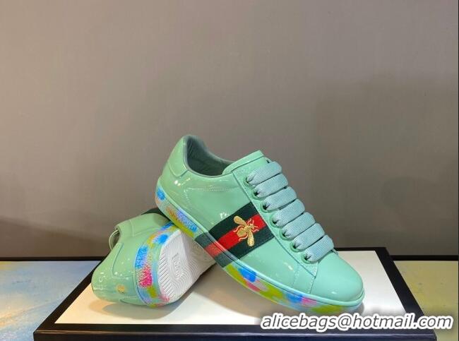 Refined Gucci Ace Patent Leather Sneakers with Luminous Print Sole 102448 Light Green