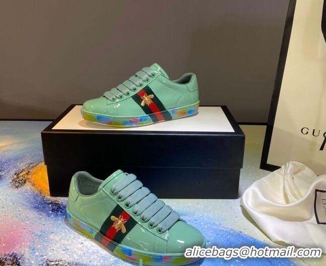 Refined Gucci Ace Patent Leather Sneakers with Luminous Print Sole 102448 Light Green