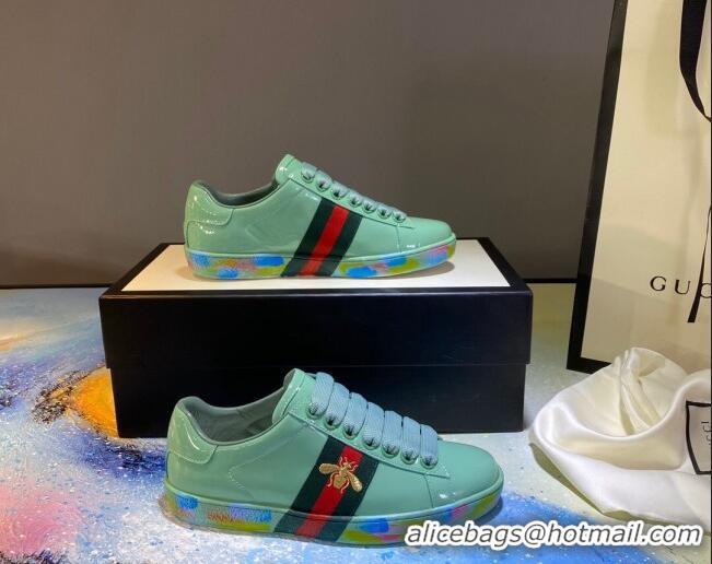 Refined Gucci Ace Patent Leather Sneakers with Luminous Print Sole 102448 Light Green