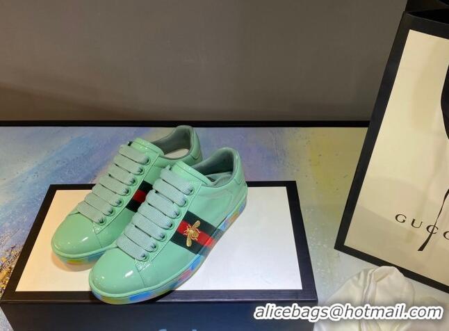 Refined Gucci Ace Patent Leather Sneakers with Luminous Print Sole 102448 Light Green