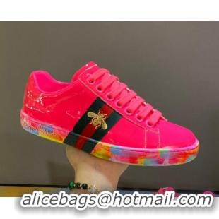 Best Product Gucci Ace Patent Leather Sneakers with Luminous Print Sole 102448 Hot Pink