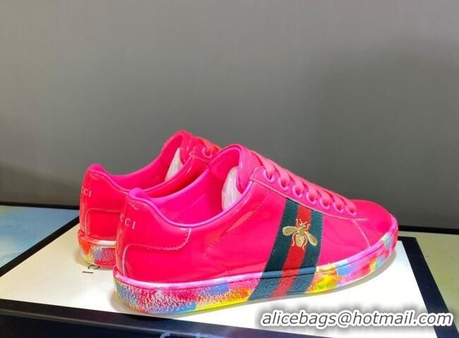 Best Product Gucci Ace Patent Leather Sneakers with Luminous Print Sole 102448 Hot Pink