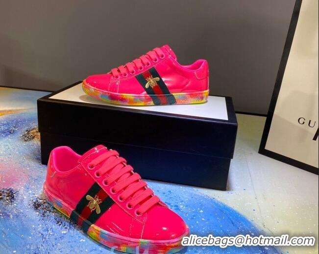 Best Product Gucci Ace Patent Leather Sneakers with Luminous Print Sole 102448 Hot Pink