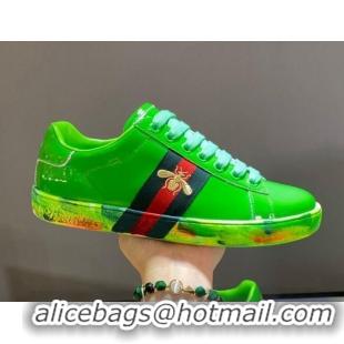 Good Quality Gucci Ace Patent Leather Sneakers with Luminous Print Sole 102448 Bright Green