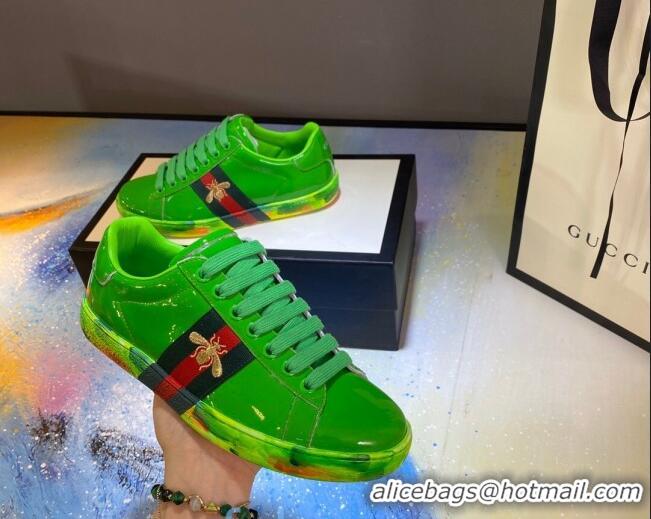 Good Quality Gucci Ace Patent Leather Sneakers with Luminous Print Sole 102448 Bright Green