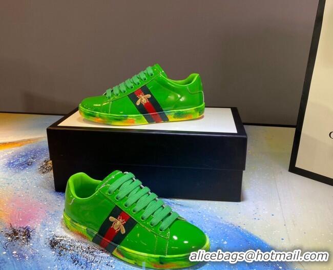 Good Quality Gucci Ace Patent Leather Sneakers with Luminous Print Sole 102448 Bright Green