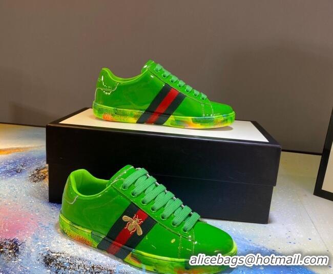 Good Quality Gucci Ace Patent Leather Sneakers with Luminous Print Sole 102448 Bright Green