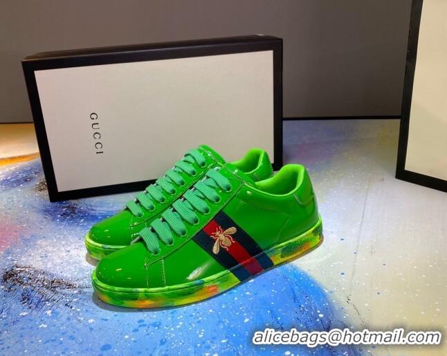 Good Quality Gucci Ace Patent Leather Sneakers with Luminous Print Sole 102448 Bright Green