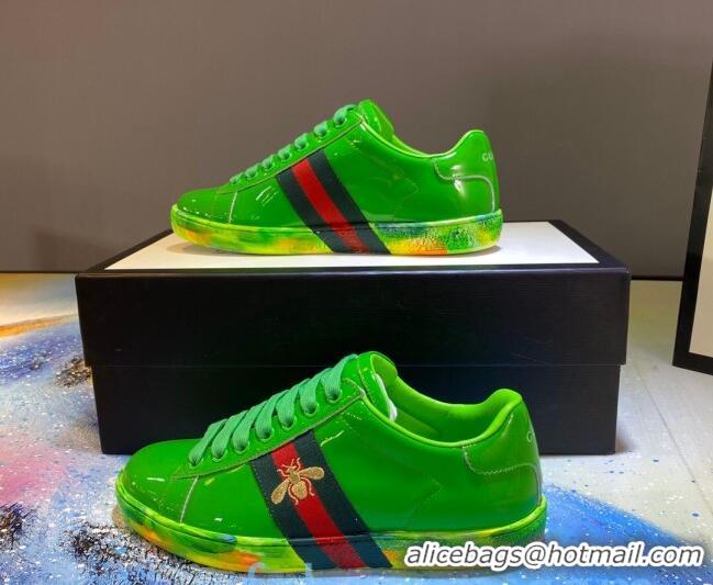 Good Quality Gucci Ace Patent Leather Sneakers with Luminous Print Sole 102448 Bright Green