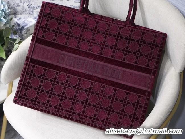 Top Grade DIOR BOOK TOTE Burgundy Cannage Embroidered Velvet M1286Z