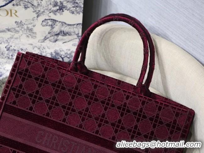 Top Grade DIOR BOOK TOTE Burgundy Cannage Embroidered Velvet M1286Z