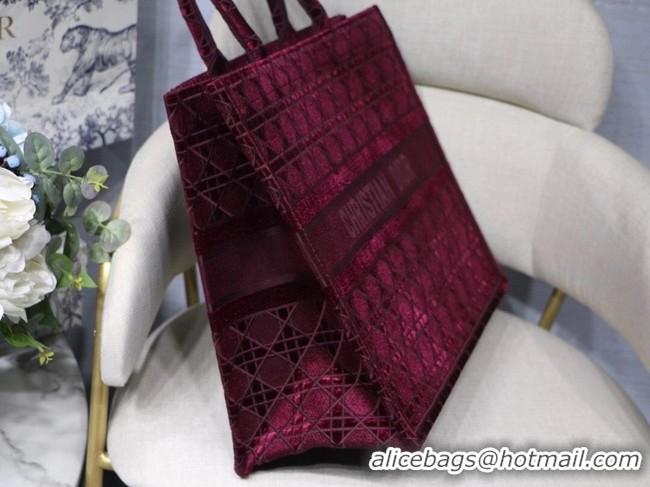 Top Grade DIOR BOOK TOTE Burgundy Cannage Embroidered Velvet M1286Z