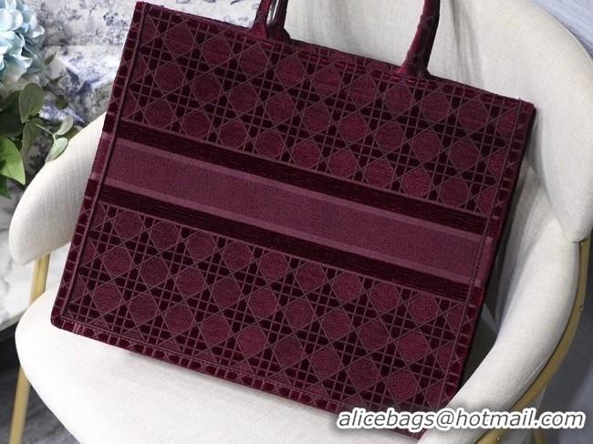 Top Grade DIOR BOOK TOTE Burgundy Cannage Embroidered Velvet M1286Z