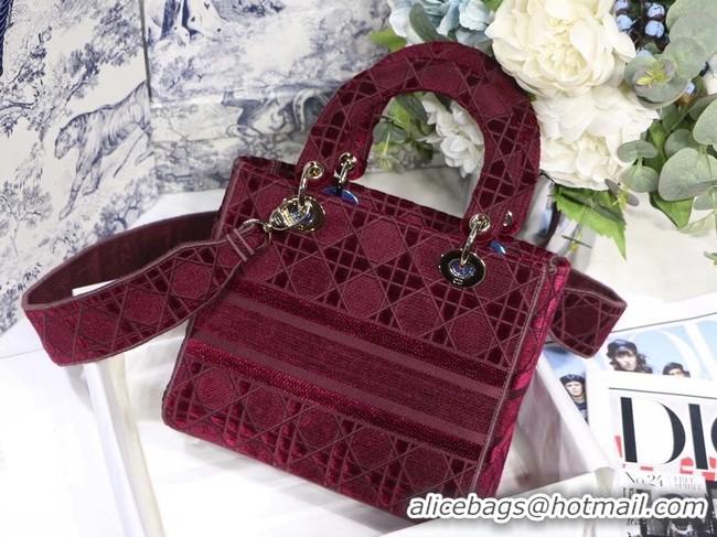 Classic MEDIUM LADY D-LITE BAG Burgundy Cannage Embroidered Velvet M0565OW