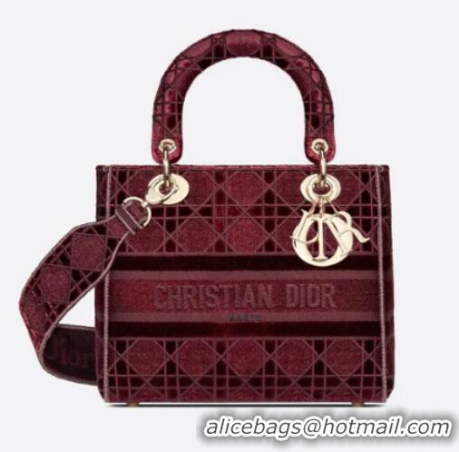 Classic MEDIUM LADY D-LITE BAG Burgundy Cannage Embroidered Velvet M0565OW