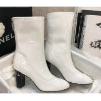 Luxury Style Chanel Patent Leather Crystal Heel 85mm Short Boots 92238 White