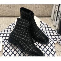 Discount Chanel Checked Tweed Lace-up Short Boots 92240 Black