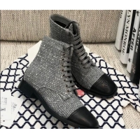 Stylish Chanel Checked Tweed Lace-up Short Boots 92240 Gray