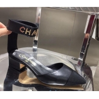 Purchase Chanel Lambskin Pumps with Golden Letters Strap 92303 Black