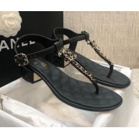 Duplicate Chanel Lambskin Heel Thong Sandals with Chain Charm G36402 Black 2020