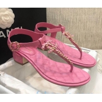 Best Price Chanel Lambskin Heel Thong Sandals with Chain Charm G36402 Pink 2020