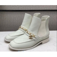 Elegant Chanel Quilted Calfskin Short Chelsea Boot with Chain 92433 White