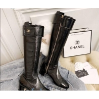 Grade Chanel Crinkled Leather Foldover High Boots 45mm 92462 Black 2020