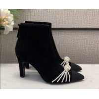 Discount Chanel Suede Pearl Knot Heel Short Boots 85mm Black 22020