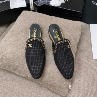 Sumptuous Chanel Checked Tweed Flat Mules with Chain Charm 02146 Black