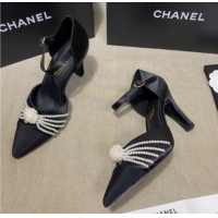 Low Cost Chanel Satin Pearl Knot Pumps with Straps G36466 Black 2020