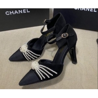 Pretty Style Chanel Suede Pearl Knot Pumps with Straps G36466 Black 2020