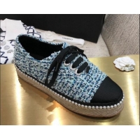 Top Grade Chanel Tweed Espadrilles Sneakers with Pearl Trim 102178 Light Blue 2020