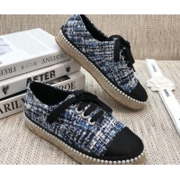 Purchase Chanel Tweed Espadrilles Sneakers with Pearl Trim 102178 Dark Blue 2020