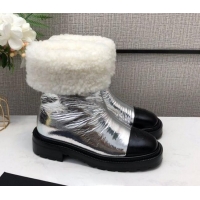 New Design Chanel Crinkle Patent Leather Wool Short Boots 20102401 Silver 2020