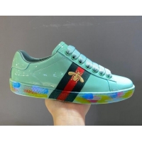 Refined Gucci Ace Patent Leather Sneakers with Luminous Print Sole 102448 Light Green