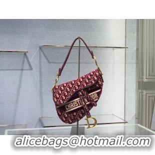 Top Quality SADDLE BAG Dior Oblique Embroidered Velvet C0044 Burgundy