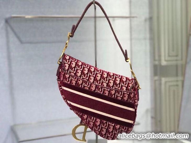 Top Quality SADDLE BAG Dior Oblique Embroidered Velvet C0044 Burgundy