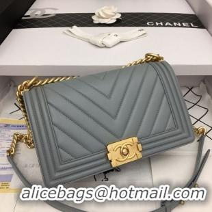 Promotional Boy Chanel Flap Bag Original Chevron Leather Gray A67086V Gold Buckle