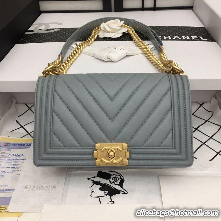 Promotional Boy Chanel Flap Bag Original Chevron Leather Gray A67086V Gold Buckle