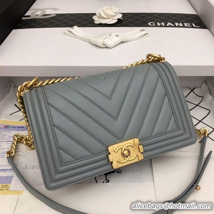 Promotional Boy Chanel Flap Bag Original Chevron Leather Gray A67086V Gold Buckle