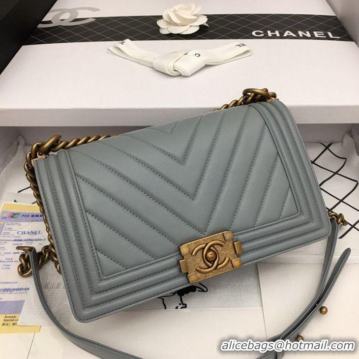 Promotional Boy Chanel Flap Bag Original Chevron Leather Gray A67086V Bronze Buckle