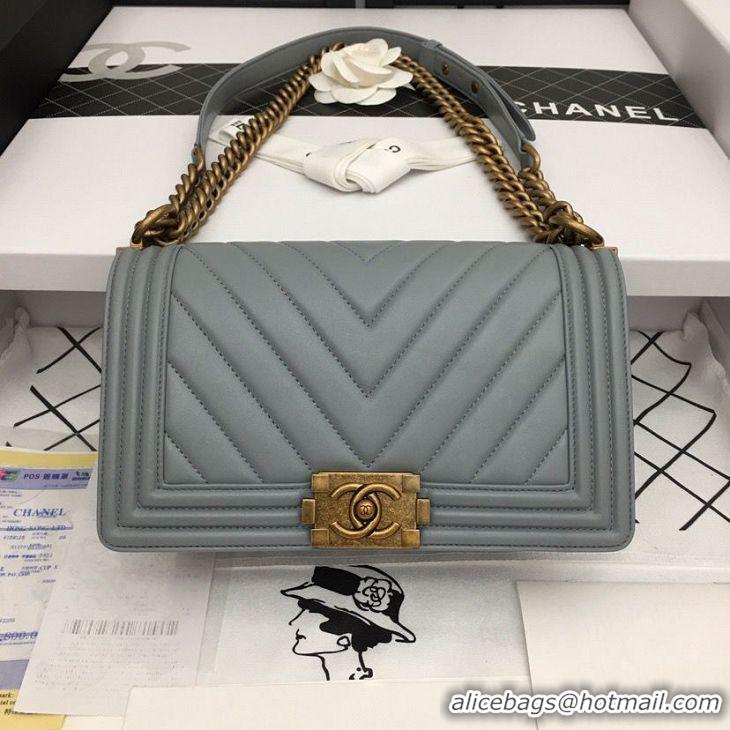 Promotional Boy Chanel Flap Bag Original Chevron Leather Gray A67086V Bronze Buckle