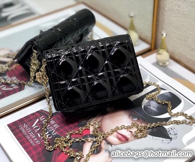 Reasonable Price LADY DIOR 5-GUSSET CARD HOLDER WITH CHAIN Patent Cannage Calfskin S0859 black