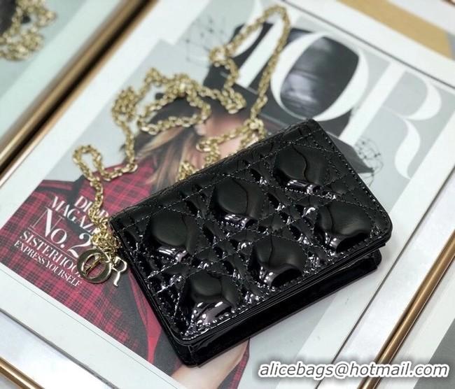 Reasonable Price LADY DIOR 5-GUSSET CARD HOLDER WITH CHAIN Patent Cannage Calfskin S0859 black