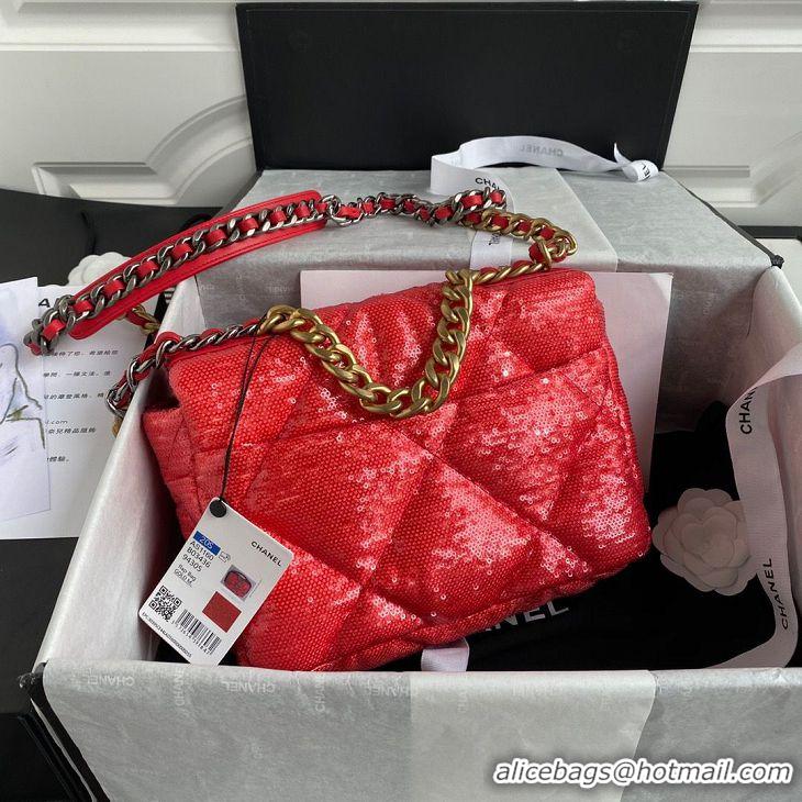 Buy Discount Chanel 19 Flap Bag Original Beads Leather AS1160 Red