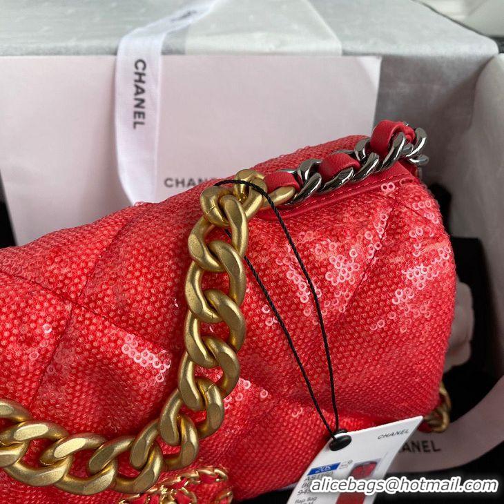 Buy Discount Chanel 19 Flap Bag Original Beads Leather AS1160 Red