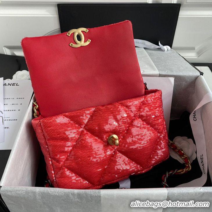 Buy Discount Chanel 19 Flap Bag Original Beads Leather AS1160 Red