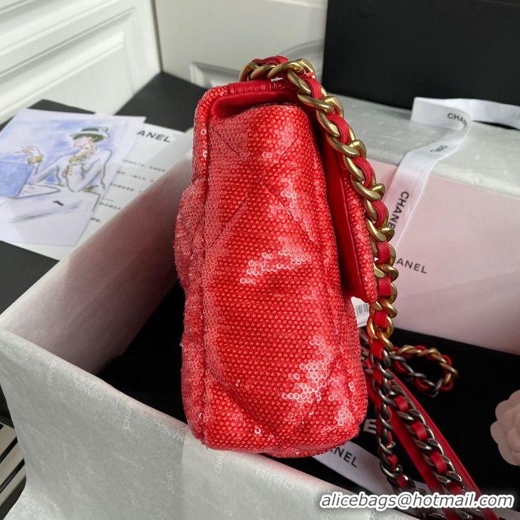 Buy Discount Chanel 19 Flap Bag Original Beads Leather AS1160 Red