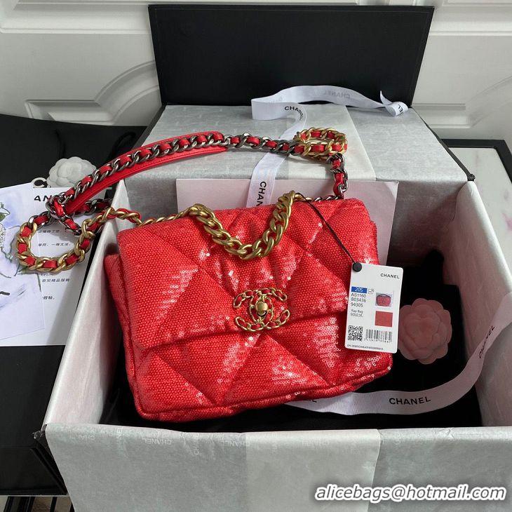 Buy Discount Chanel 19 Flap Bag Original Beads Leather AS1160 Red